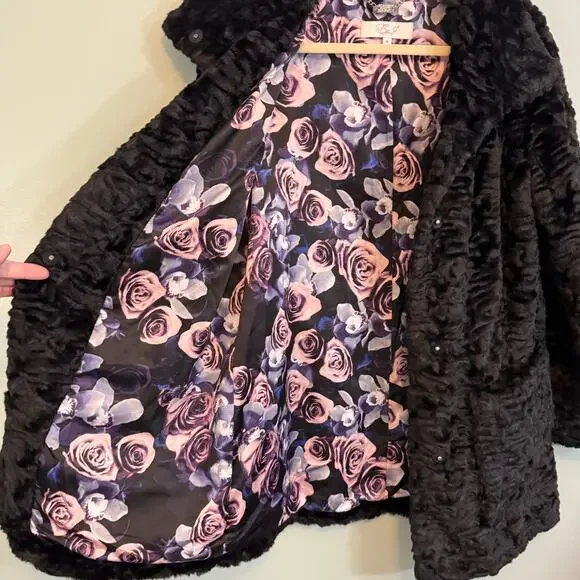 Eliza J Faux Fur Coat Womens Medium Black Teddy Snap Cozy Winter Floral Lined